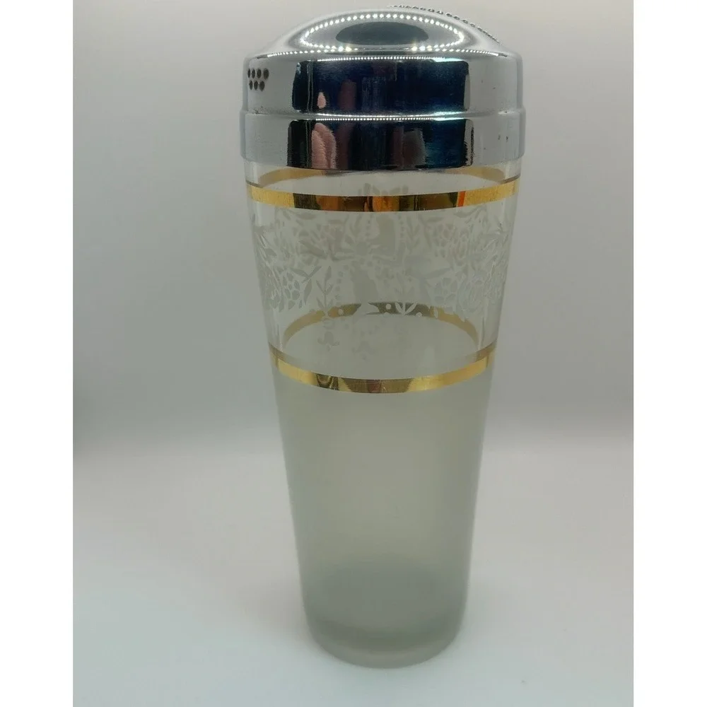 Vintage Frosted Glass Bar Straw Holder Gold‎ Band Chrome Top Mid Century